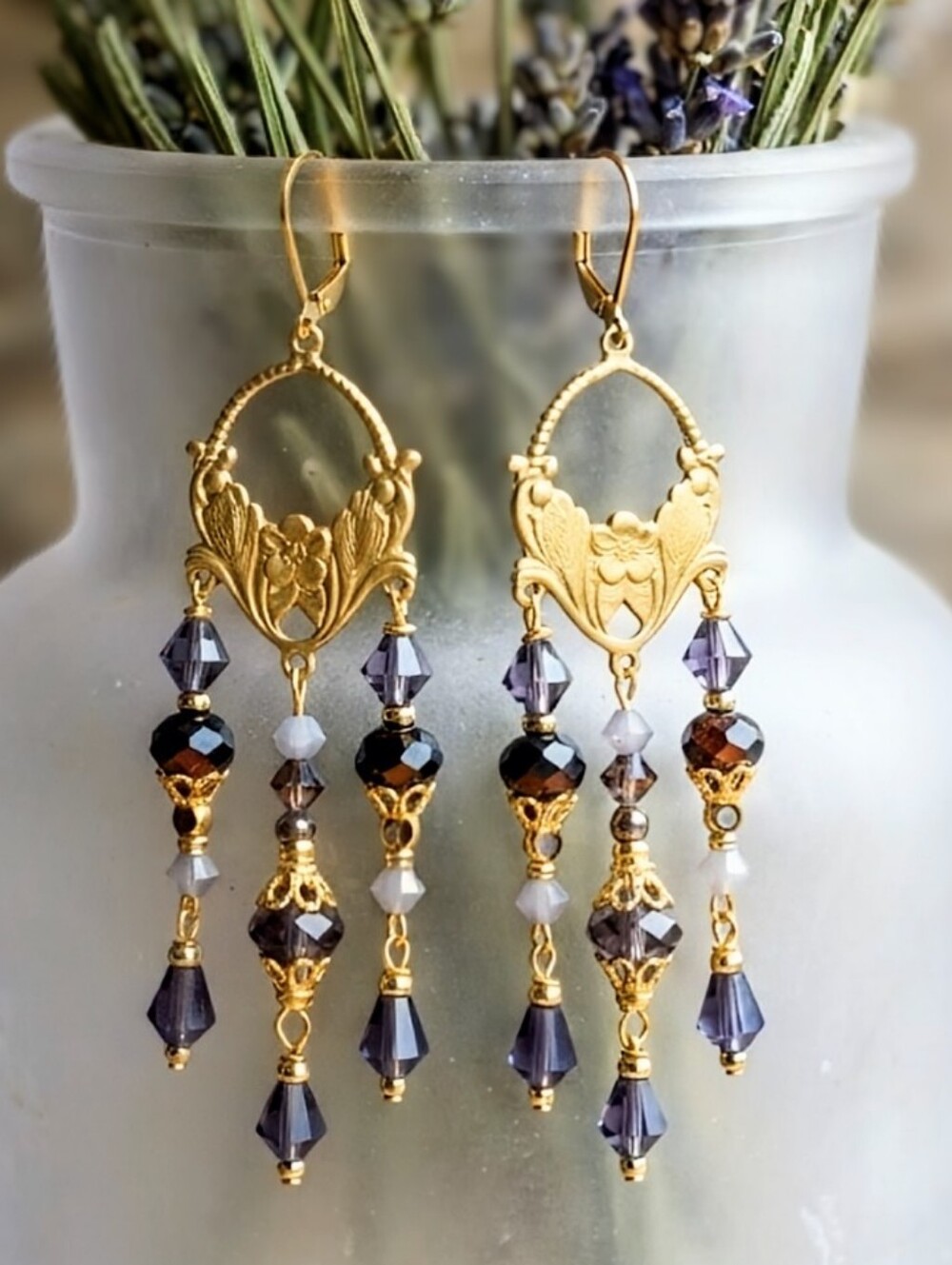 Victorian Festive Chandeliers In Violet Thistle Long Handmade Artisan Earrings